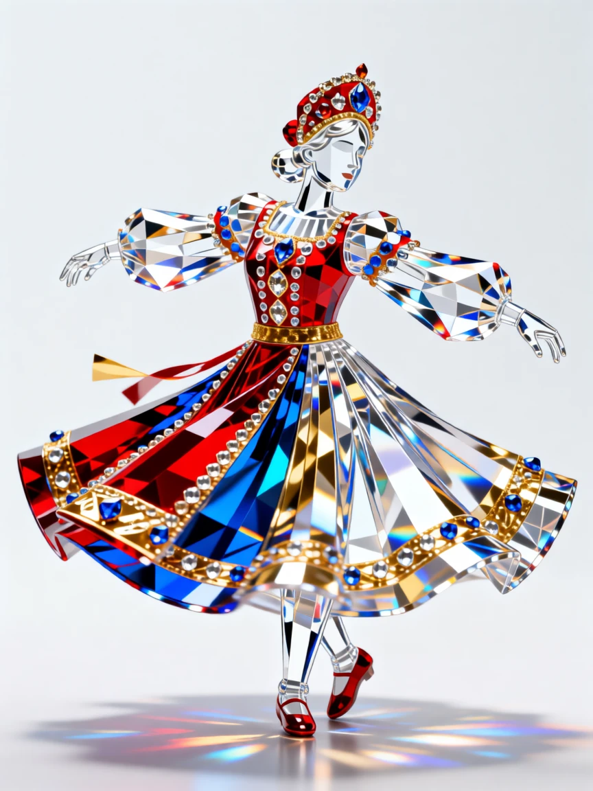 A traditional Russian folk dancer in vivid costume mid-spin at a festival.