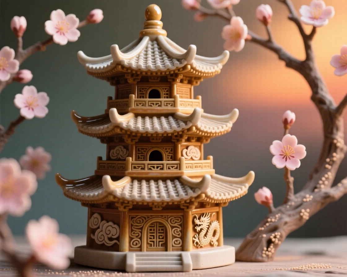 A traditional pagoda framed by cherry blossoms captured in the soft glow of sunset, with intricate carvings along every surface, stirring a sense of history and enduring beauty.