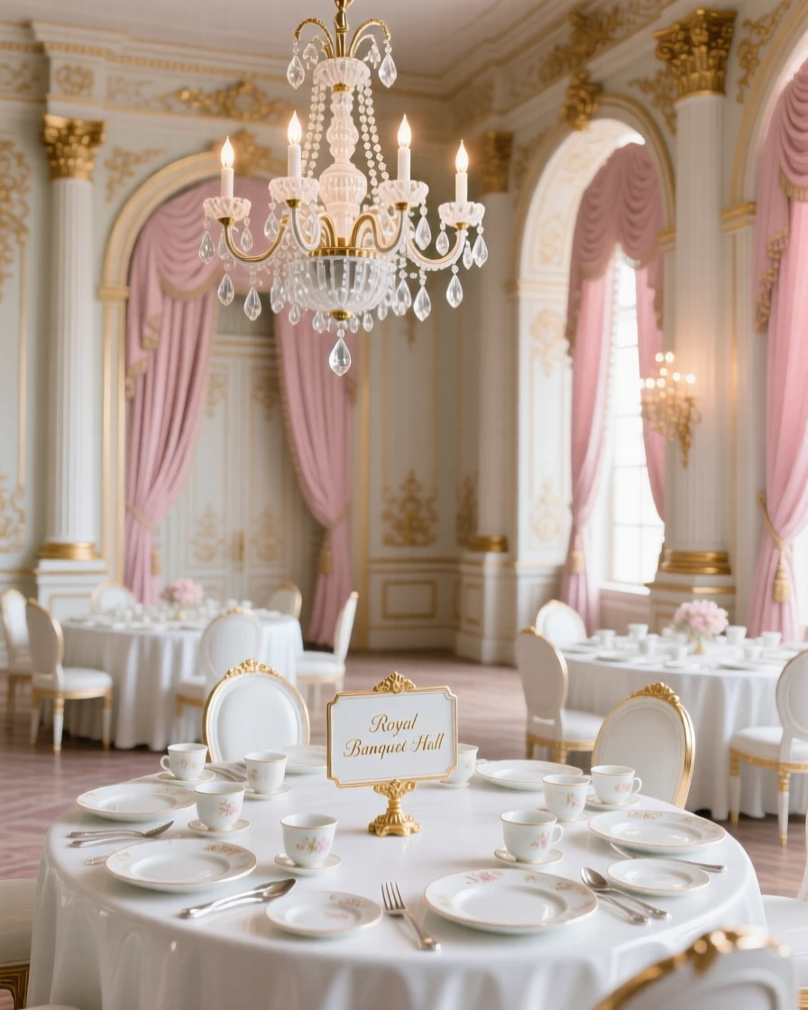 The ornate interior of a royal banquet hall, chandeliers casting warm light across the room.