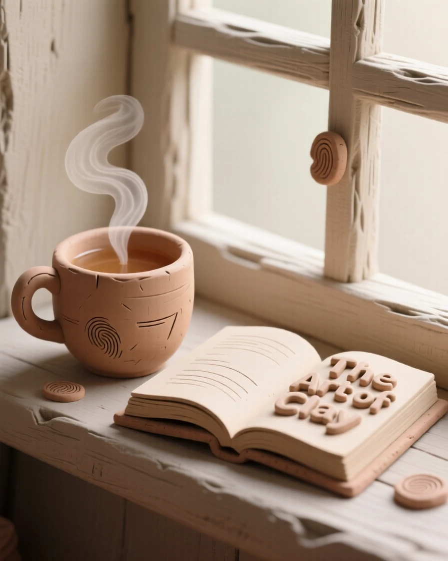 A steaming cup of tea beside an open book on a windowsill
