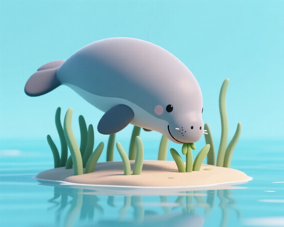 A gentle dugong grazes peacefully on a bed of seagrass in warm, crystal-clear tropical water.