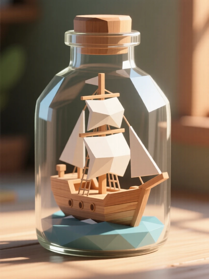 A wooden ship in a glass bottle, bathed in warm afternoon light. fine textures and material details are clearly visible. The atmosphere feels cozy and personal.