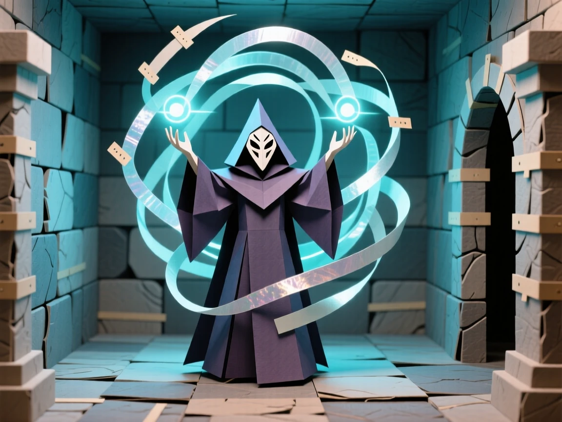 A masked sorcerer summoning glowing magic within a stone chamber, with a shimmering magical aura surrounding the figure, capturing epic scale and wonder.