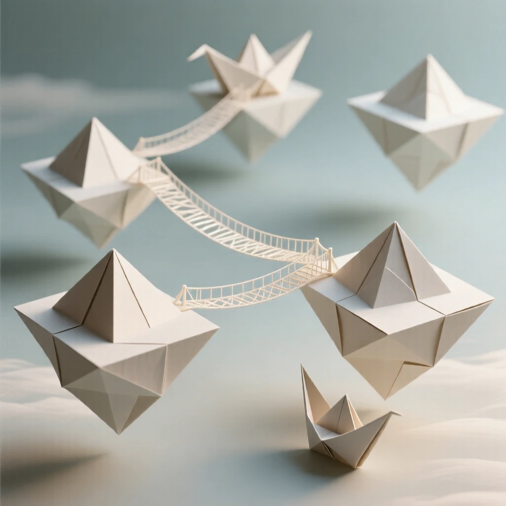 A floating archipelago connected by bridges of woven light strands.