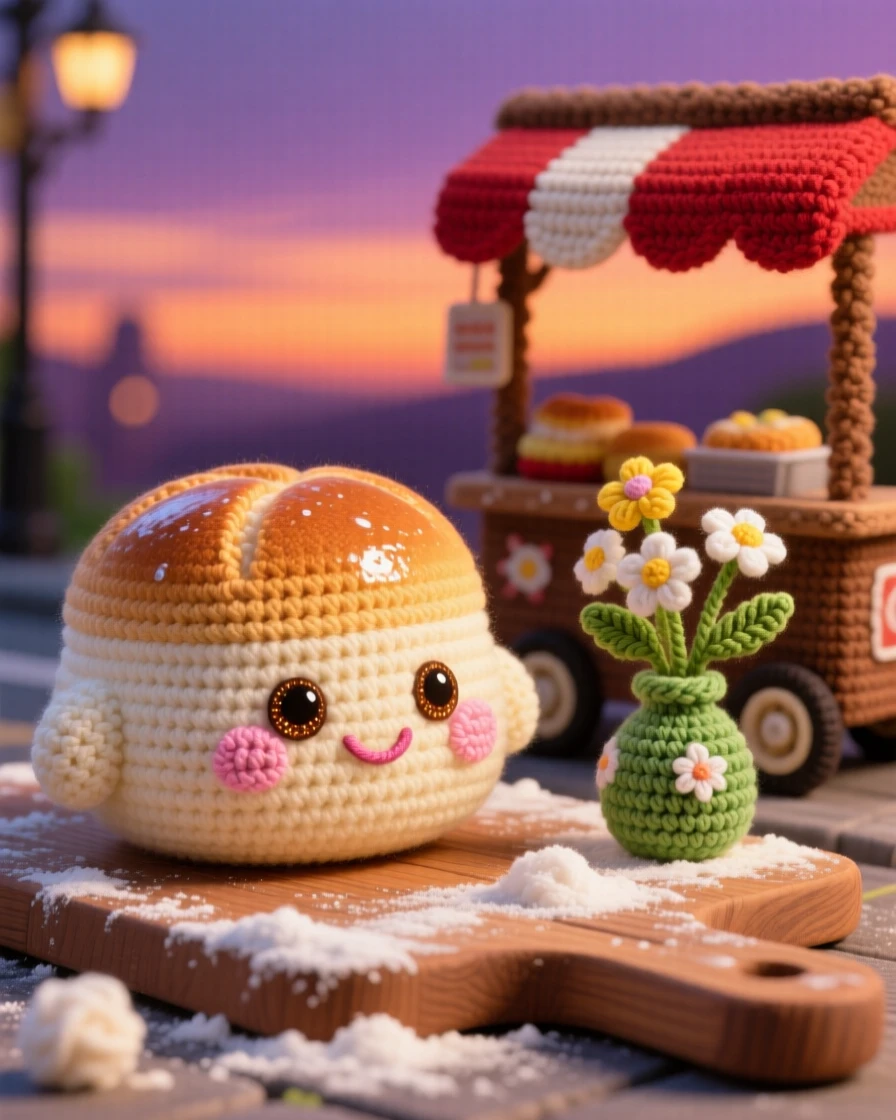 a plump little bun character, with a glossy egg-wash shine, resting on a floured wooden board, displayed in a small street food cart at dusk, with a small vase of wildflowers on the table, radiating bright, appetizing cheerfulness.