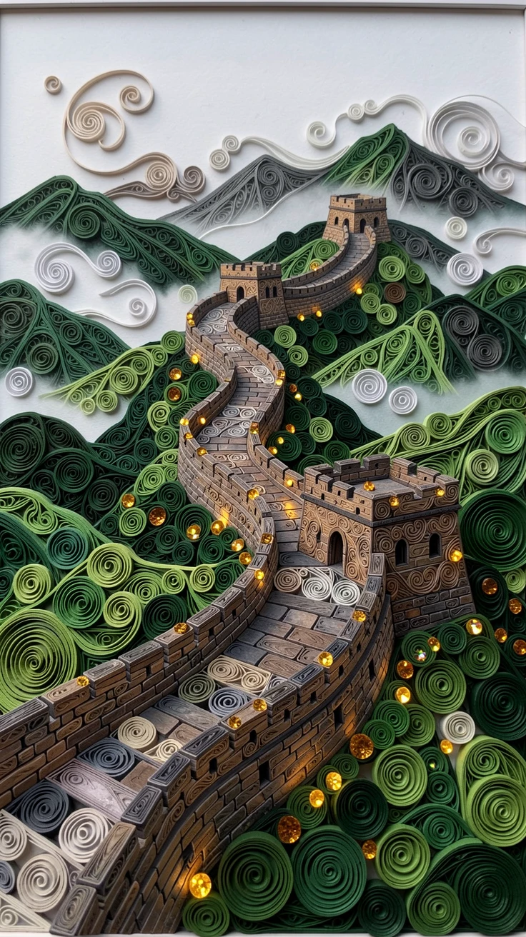 the Great Wall of China winding across misty mountain ridges, surrounded by rolling green hills, framed with a dramatic wide-angle perspective, with twinkling lights beginning to glow at dusk.