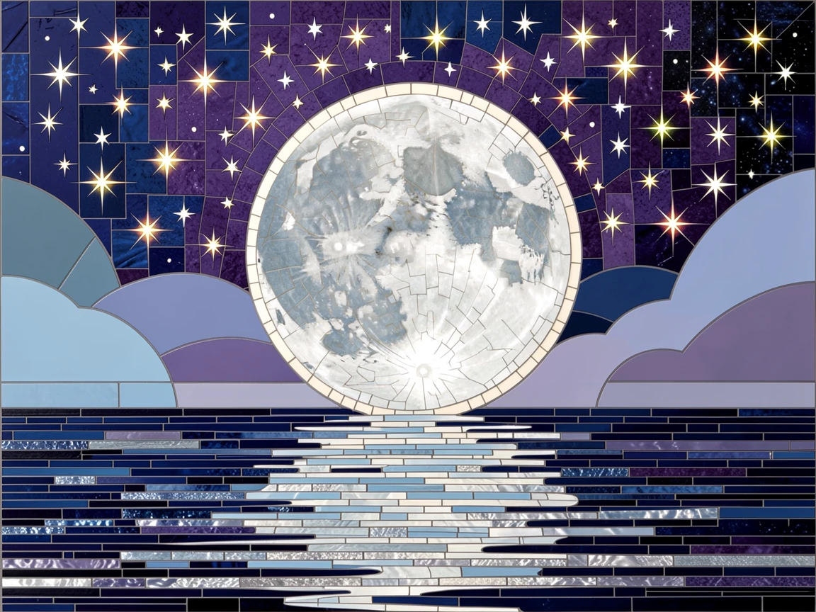 A breathtaking cosmic view of a full moon rising dramatically over a calm ocean horizon, with rich stars and glowing light.