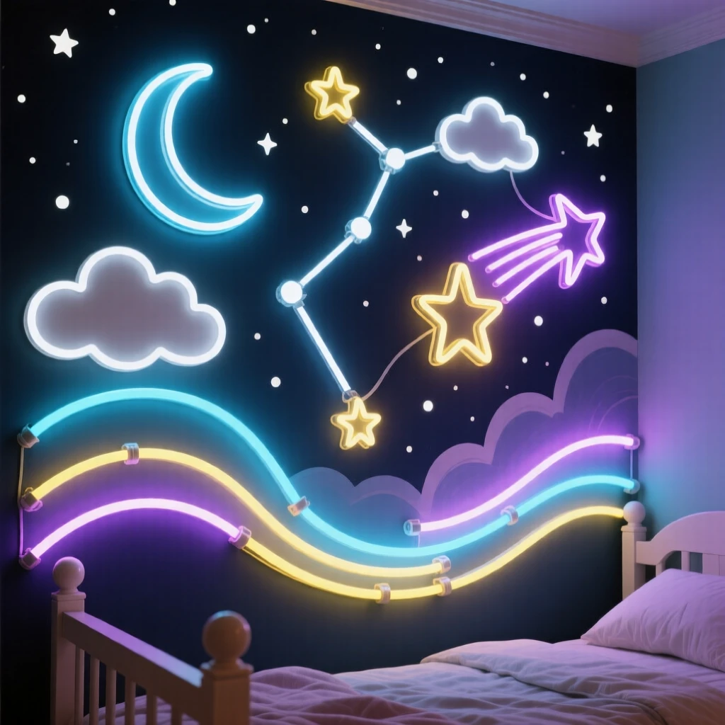 A children's bedroom decorated with a hand-painted mural of a starry sky.