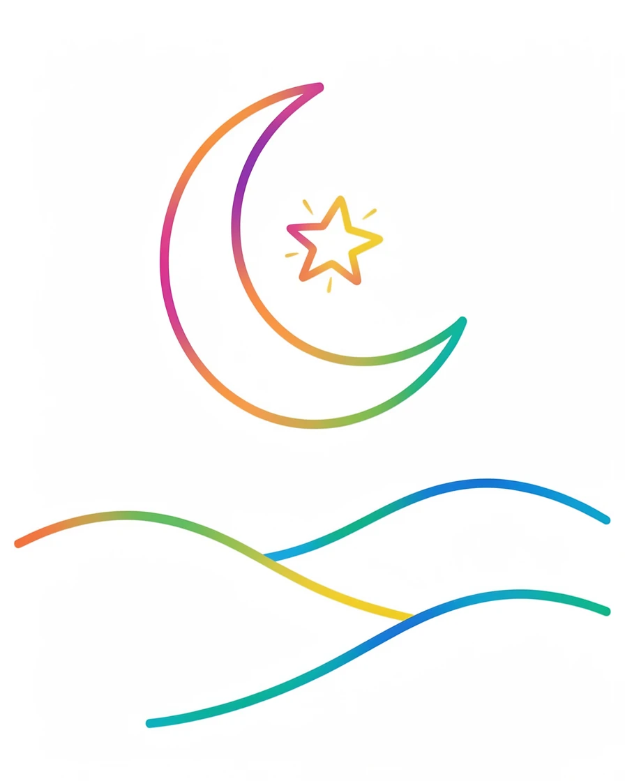 A crescent moon cradling a single glowing star above quiet hills.