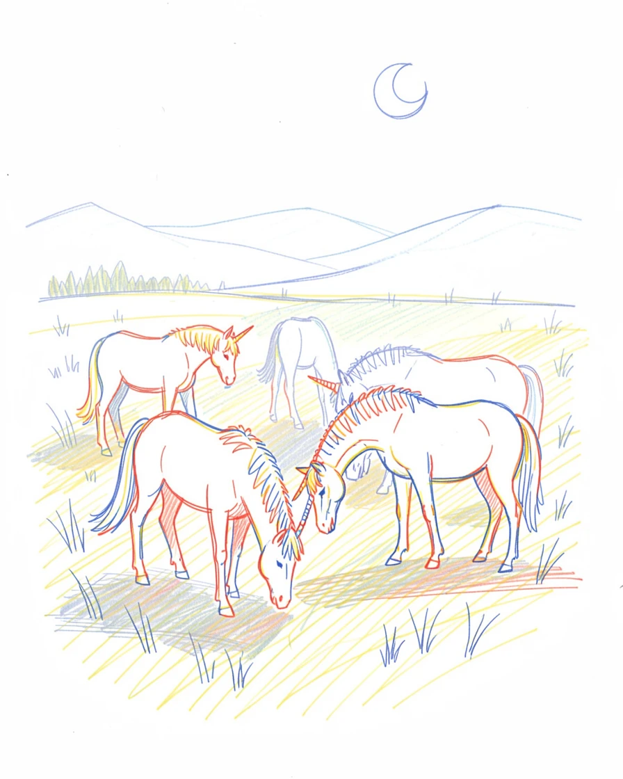 A moonlit unicorn herd grazing in a misty enchanted meadow