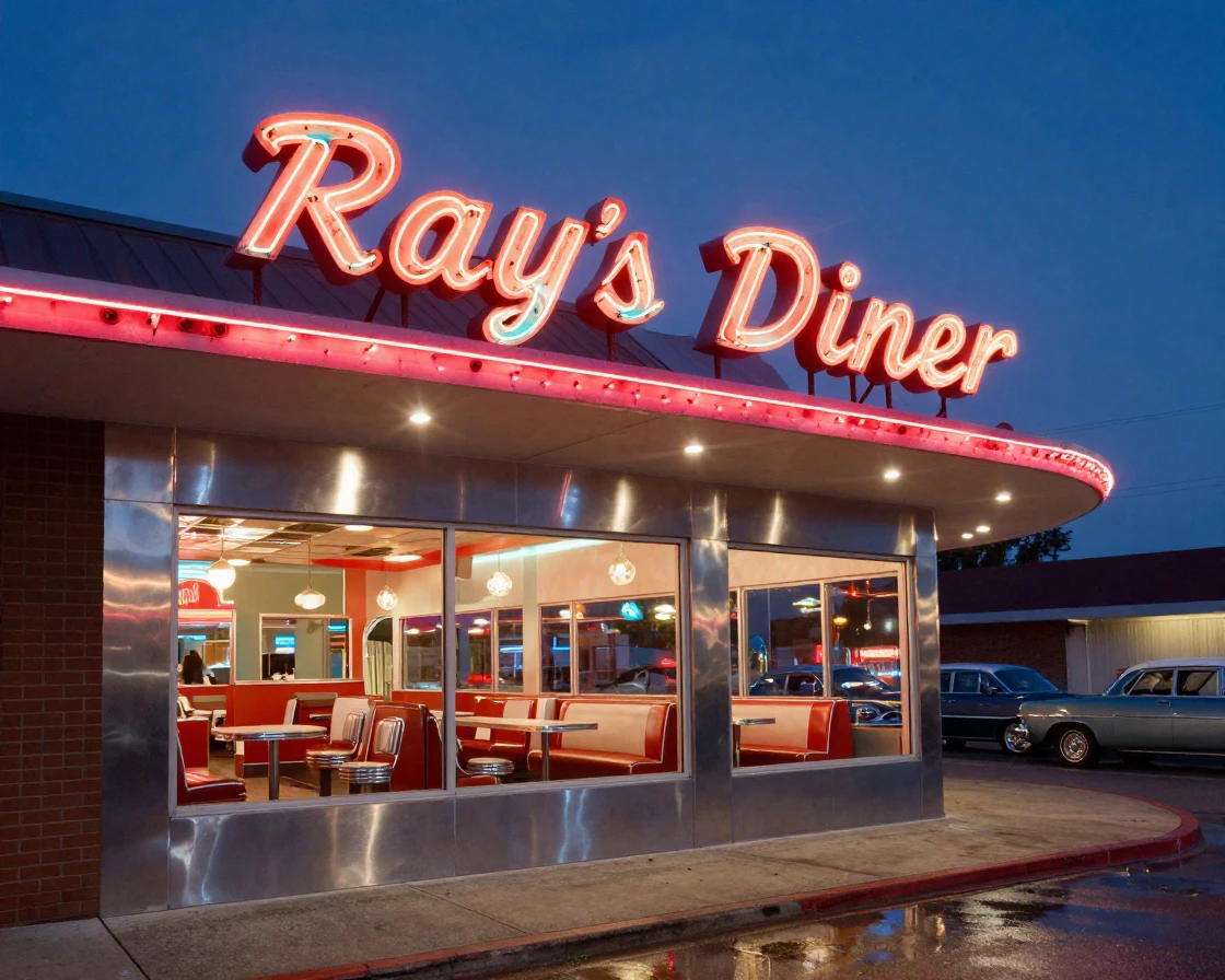 A vintage neon sign glowing above a retro diner