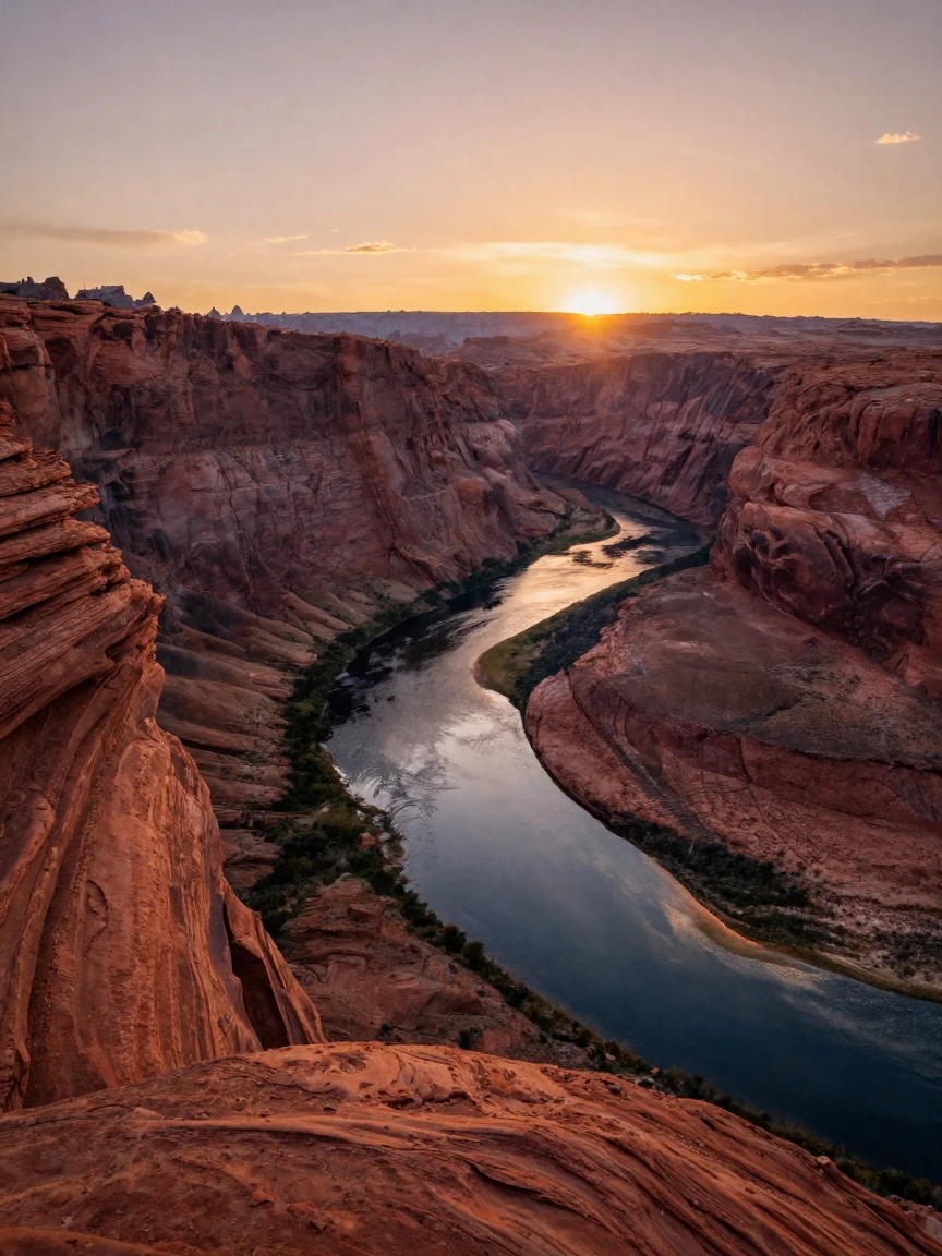 A winding river carved through red rock canyons as evening shadows lengthen