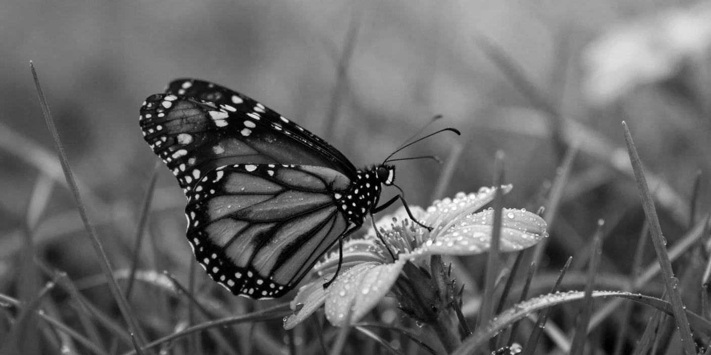 A monarch butterfly rests on a dew-covered petal on a dew-soaked morning lawn.