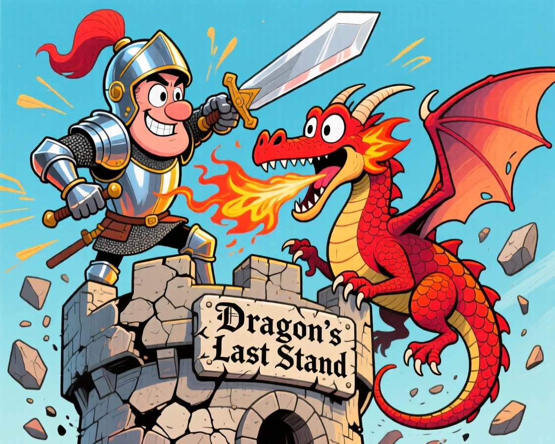 A knight in shining armor slaying a fire-breathing dragon atop a crumbling castle tower.