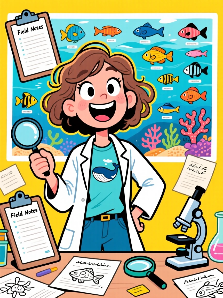 A vibrant profession-themed portrait of a passionate marine biologist pausing to pose confidently for the camera, surrounded by charts, gadgets, and paperwork.