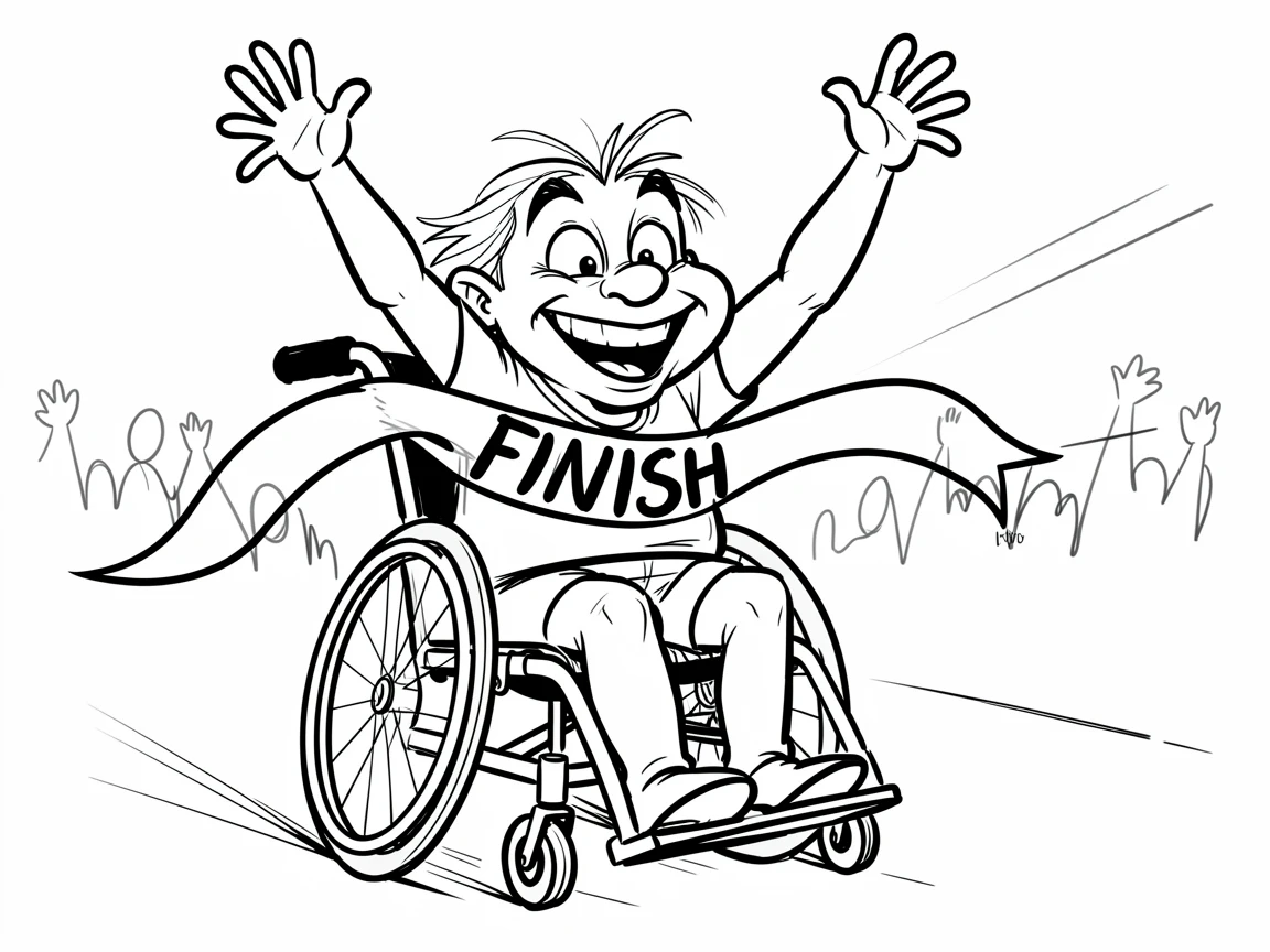 [Inspirational & Emotional Scenes] Touching, uplifting scene of a person crossing a finish line in a wheelchair race, arms raised triumphantly, evoking deep emotion