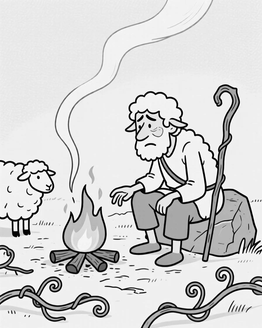 A shepherd counting sheep with an exaggerated squint, losing count for the third time in a row, set around a crackling campfire. Vines with curling tendrils spread across the ground. It radiates the down-to-earth charm of life outdoors.