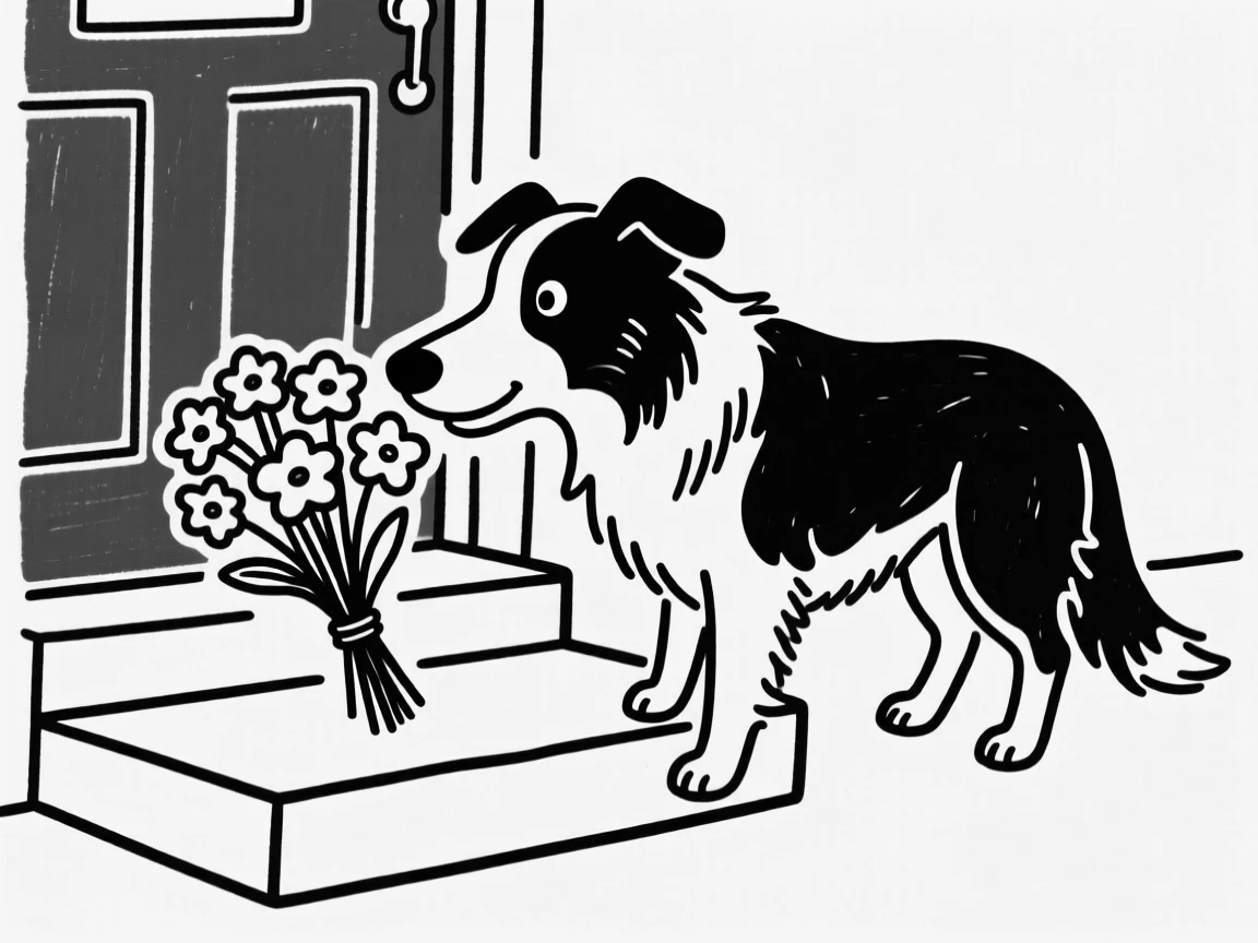 A border collie sniffing a bouquet of flowers on a doorstep, nose twitching.