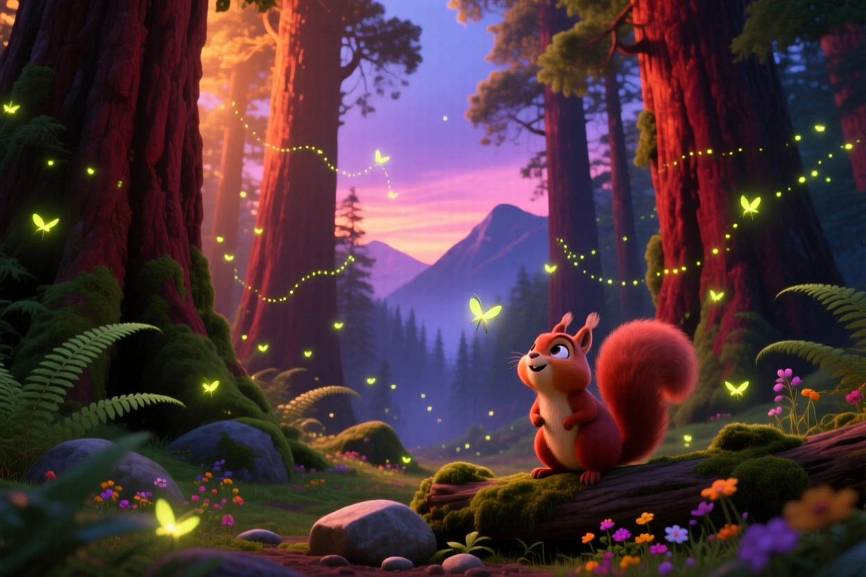 A canopy of giant redwood trees glows as fireflies begin to flicker in the twilight, with distant mountains fading into soft haze. The atmosphere feels fresh, alive, and untouched.