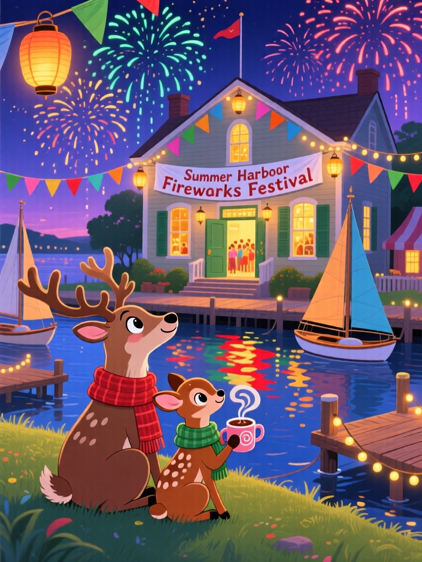A reindeer and its fawn spend the evening watching fireworks bloom over a summer harbor in a decorated town hall, while warm cocoa steams in every hand.