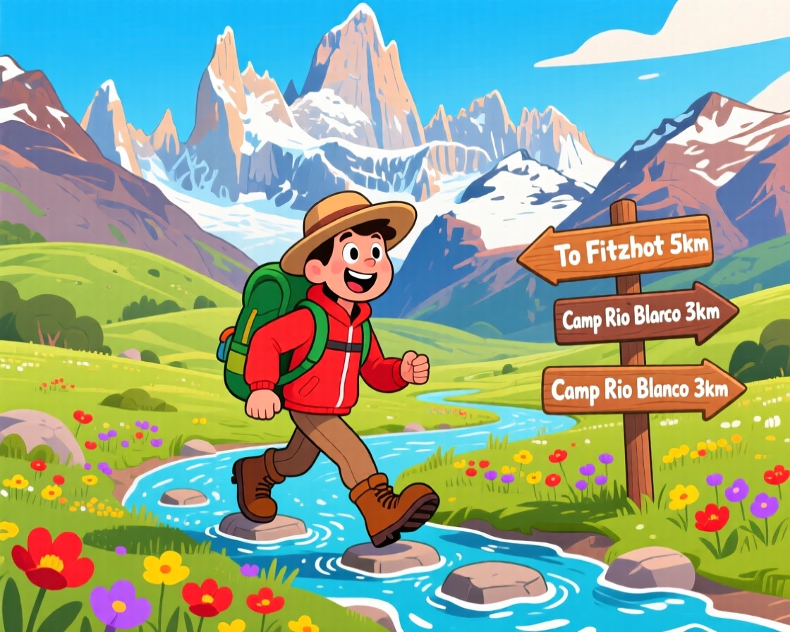 A hiker crossing a valley beneath the peaks of Patagonia.