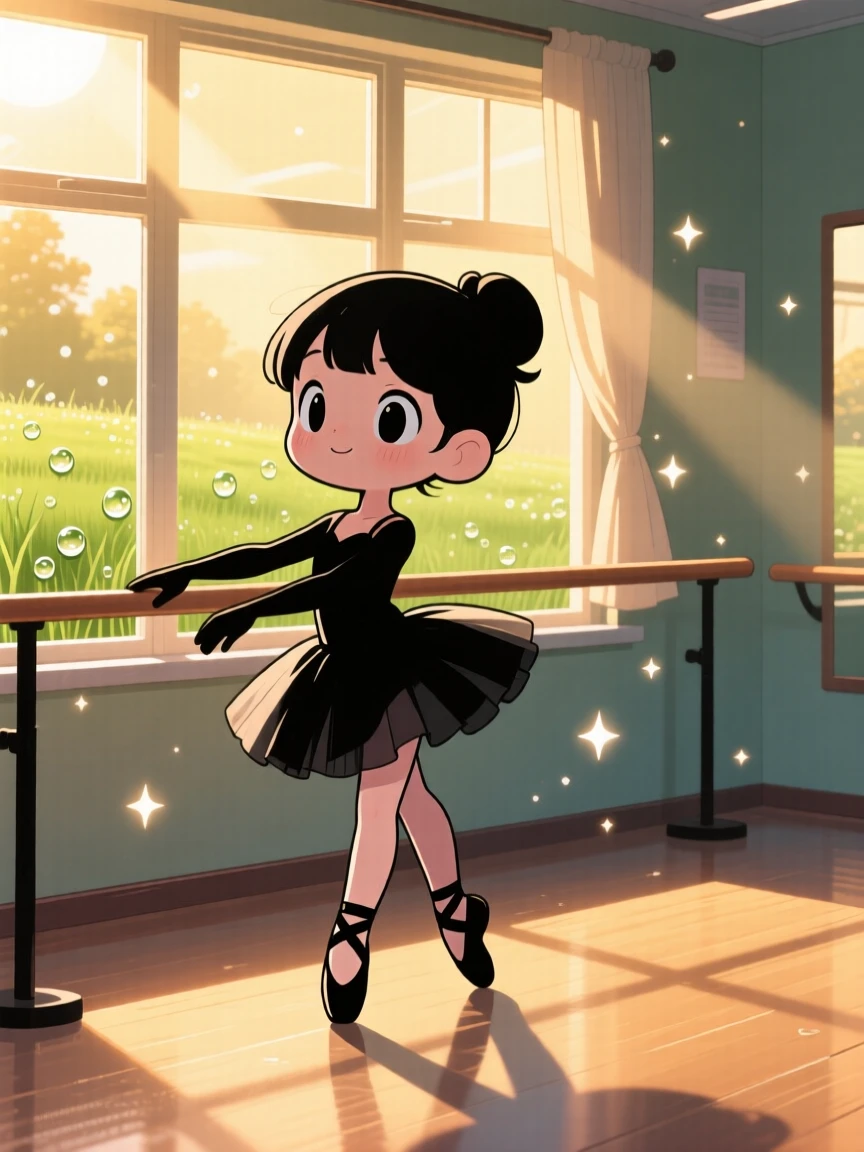 Silhouette composition of a little ballerina, practicing at a barre with focused determination, in a sunlit dance studio, as morning dew glistens on the grass, illuminated by sparkling starlight, radiating proud determination.