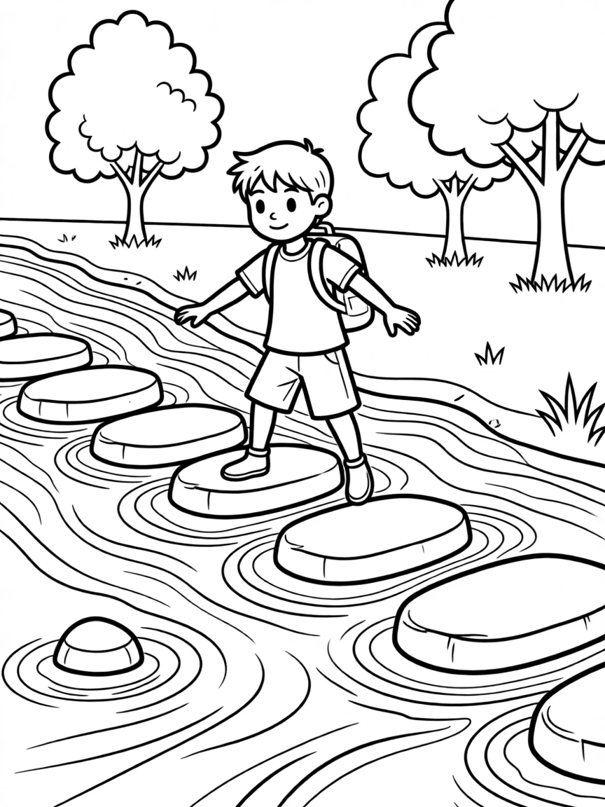 An adventurer crossing stepping stones over a rushing stream