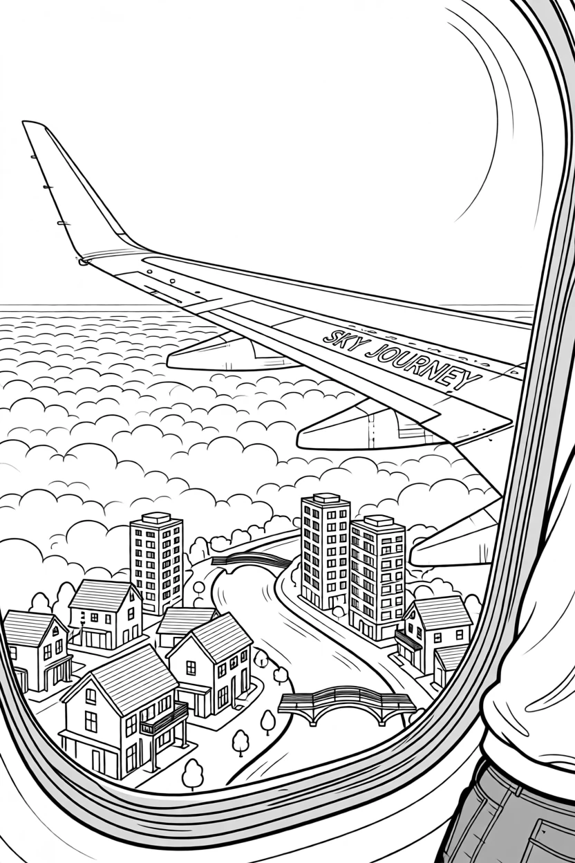 An airplane's wing view above a blanket of clouds, with a river reflecting the surrounding architecture.