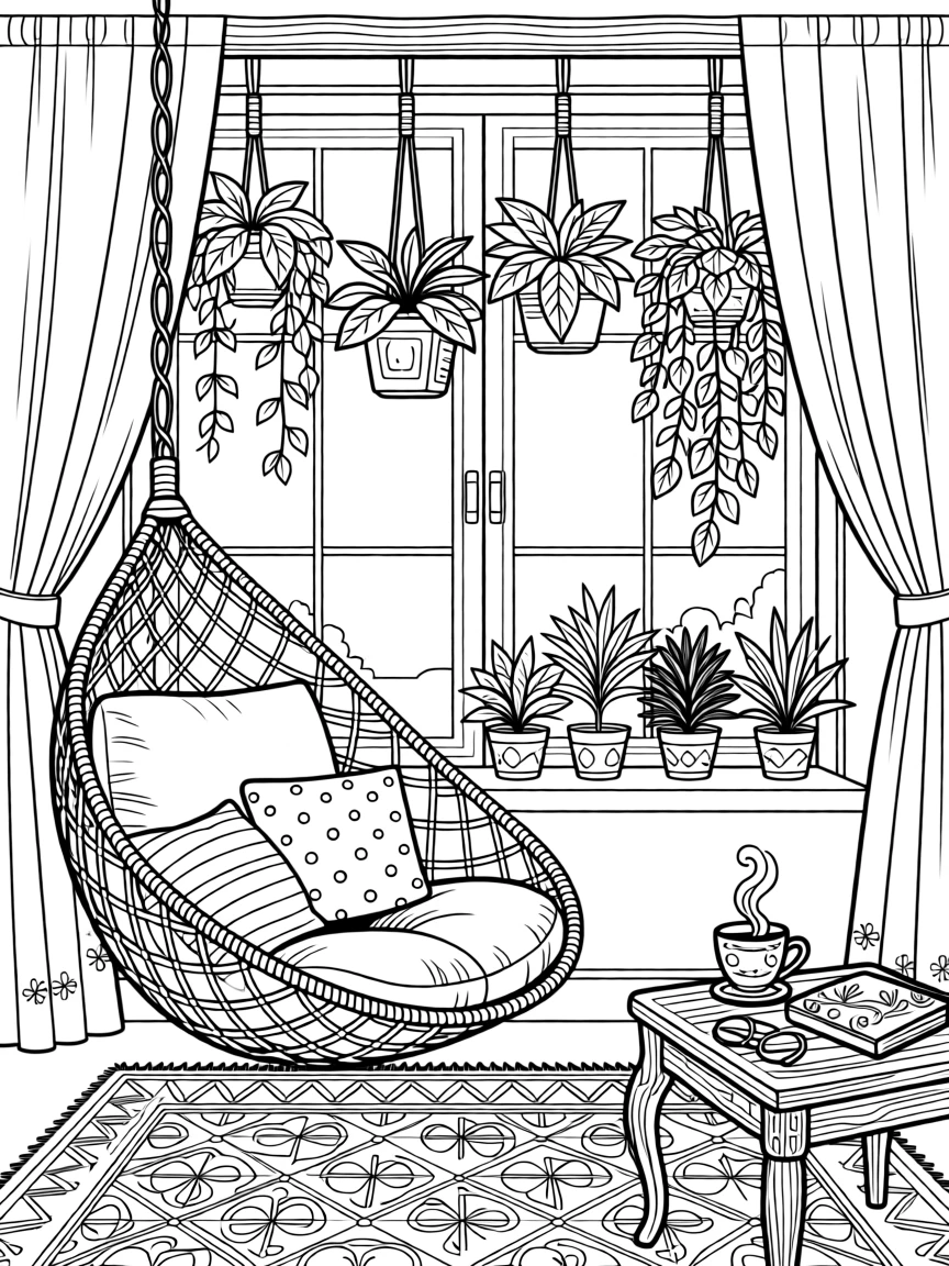 A cozy hammock chair beside a window filled with hanging plants.