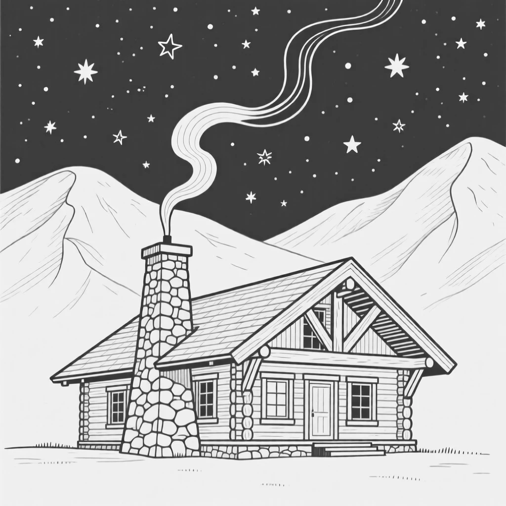 A mountain lodge with smoke rising into a starry sky