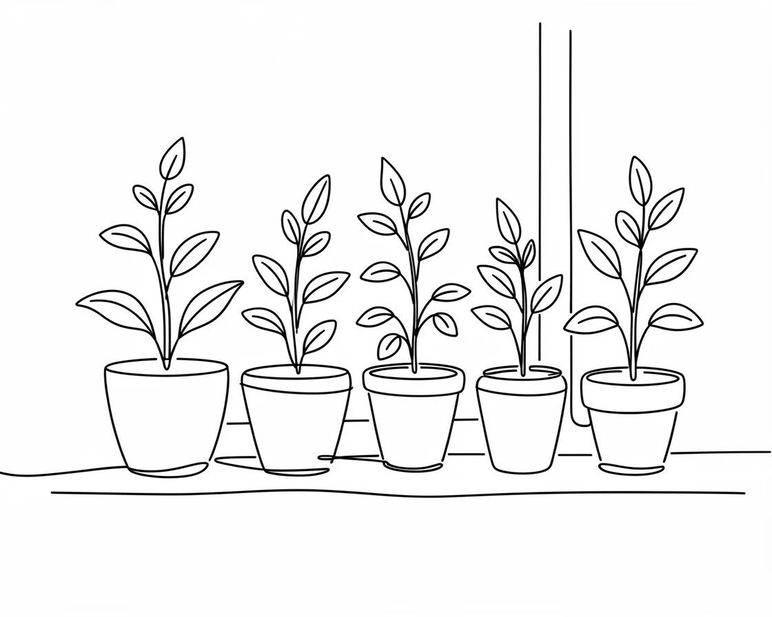 A row of potted herbs growing on a sunny kitchen windowsill