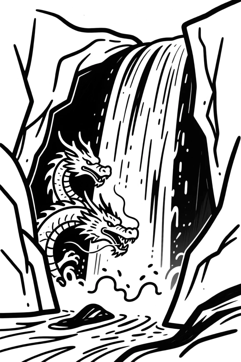 A dragon's lair hidden behind a roaring waterfall.