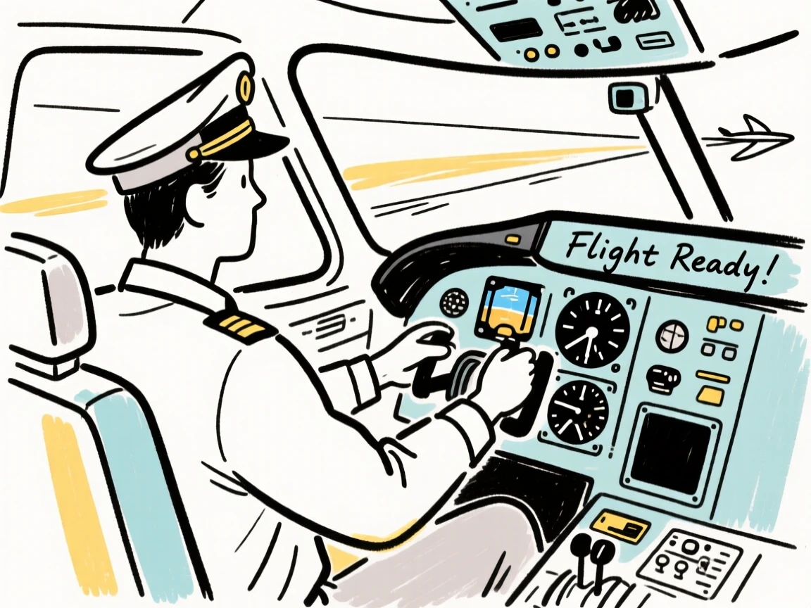 A pilot in the cockpit checking instruments before takeoff.