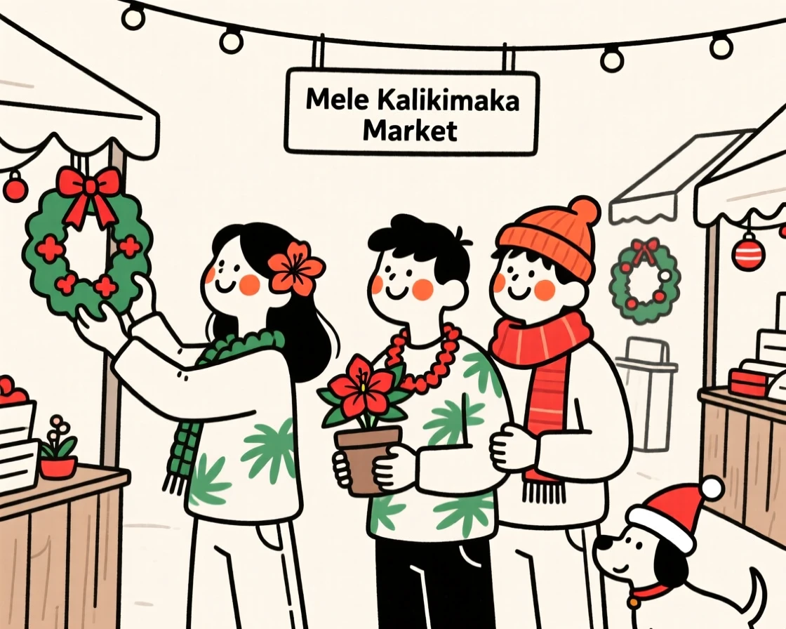 Close friends of Hawaiian heritage decorating for Christmas, in a bustling city market.