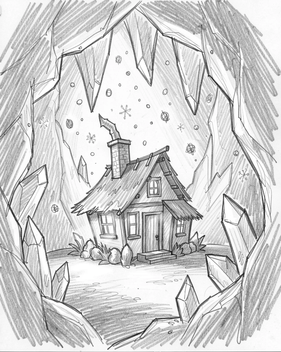 A witch's cottage glowing with lantern light, inside a cavern lit by crystal formations, with glowing spores floating like snow.