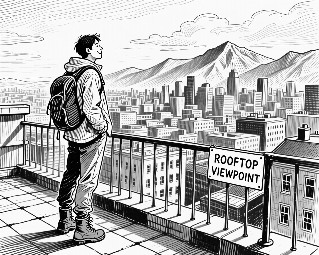 A hiker pausing to admire a mountain view on a rooftop overlooking the city skyline, with a look of quiet contentment, creating a joyfully nostalgic lifestyle scene.