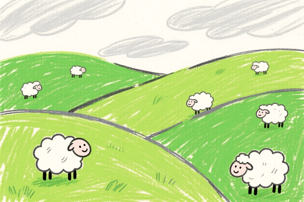 Rolling green hills dotted with grazing sheep under a cloudy sky.