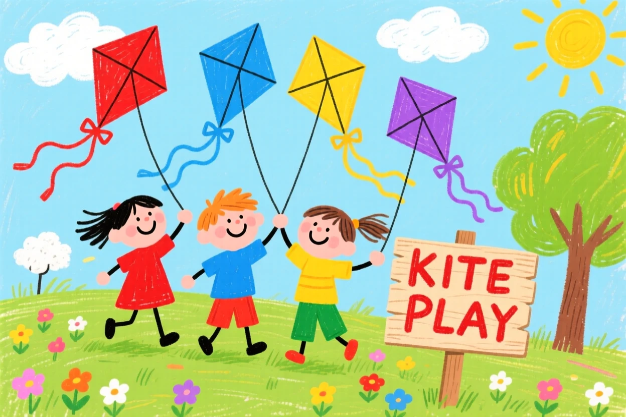 Children flying kites on a breezy spring afternoon.