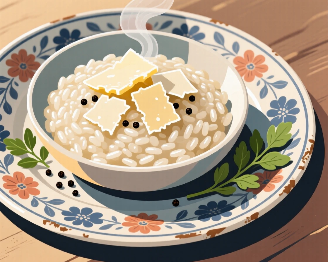 A bowl of creamy risotto topped with fresh parmesan, placed on a vintage ceramic platter, arranged with complementary colors for visual appeal, with glossy highlights that make the dish look freshly made.
