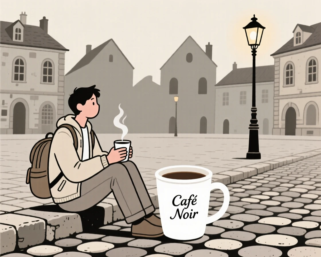 A traveler sipping coffee near an old cobblestone square.