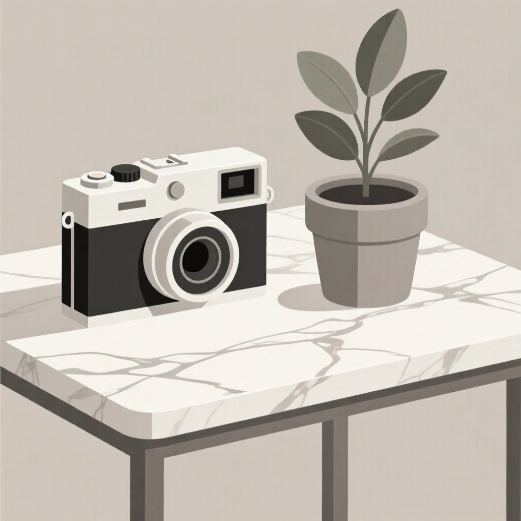 A close-up study of an old film camera placed beside a small potted plant on a marble side table, full of calm order.