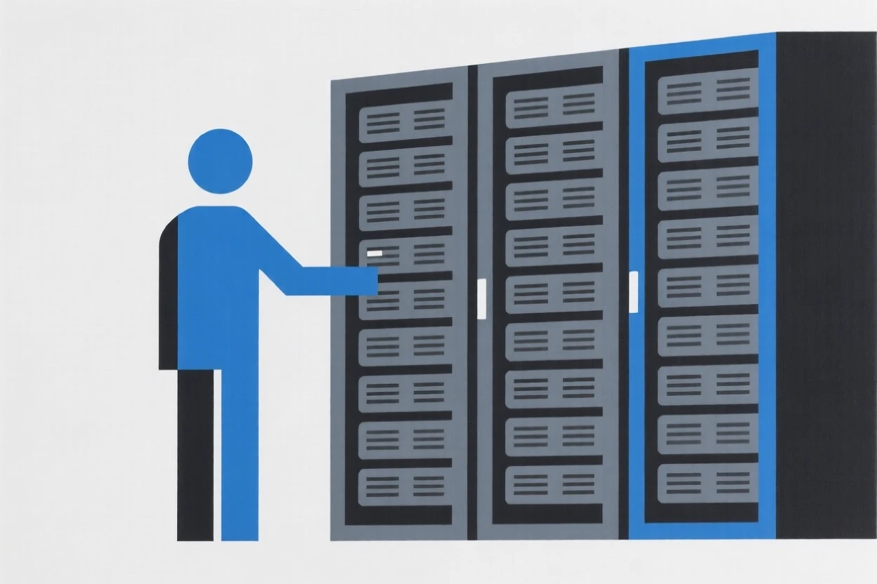 A data center technician checking server racks