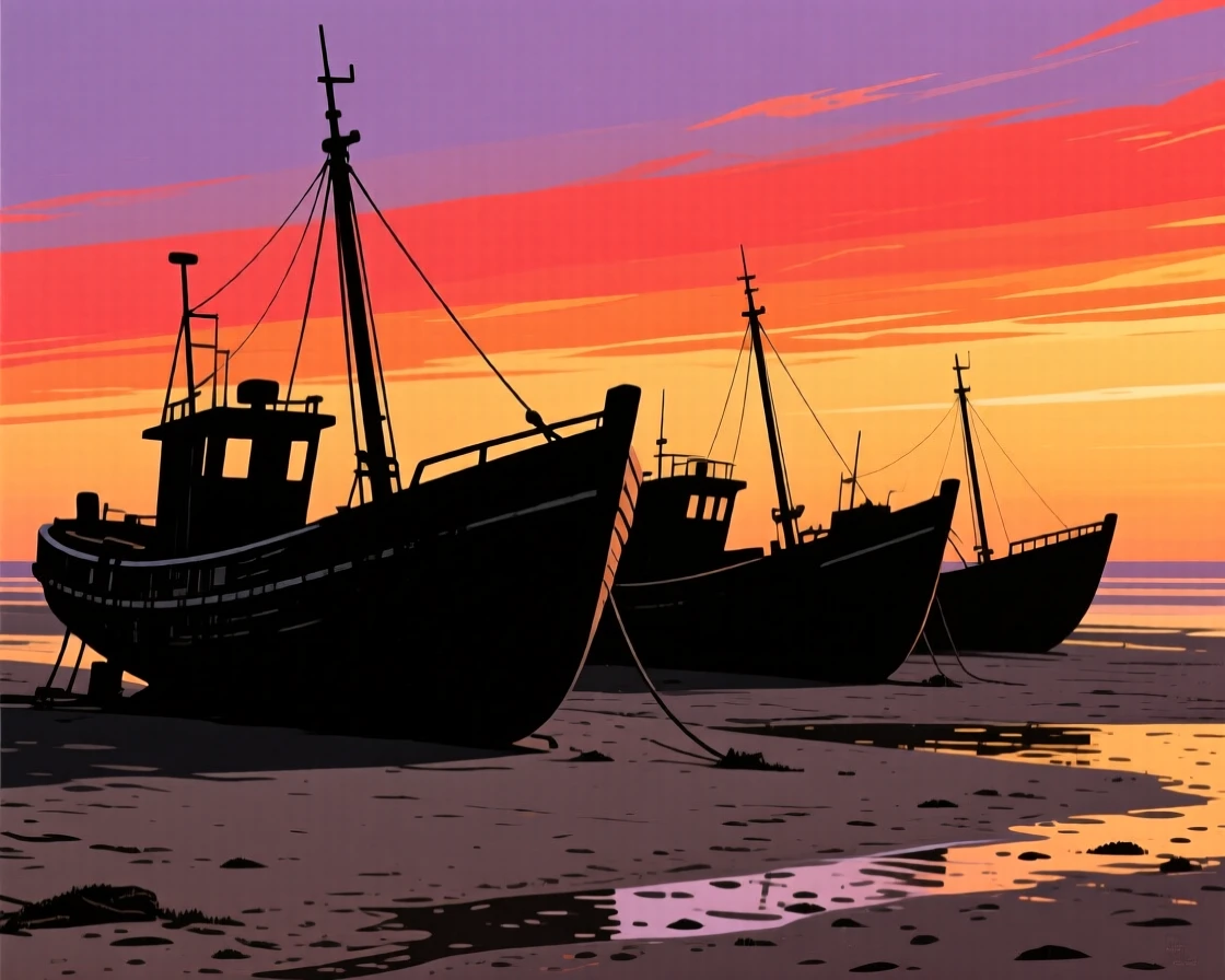 A row of old fishing boats resting on the sand at low tide.