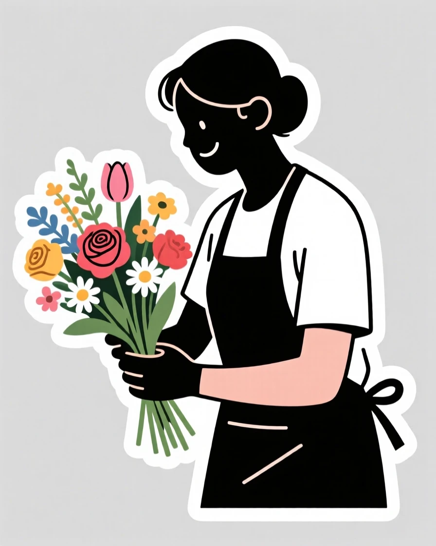 A focused and joyful florist arranging a bouquet of fresh flowers, with a look of quiet satisfaction, on a quiet weekend afternoon.
