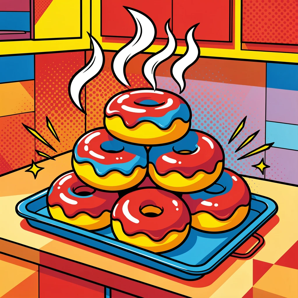 A tray of glazed donuts stacked high steaming warmly on a cozy kitchen counter