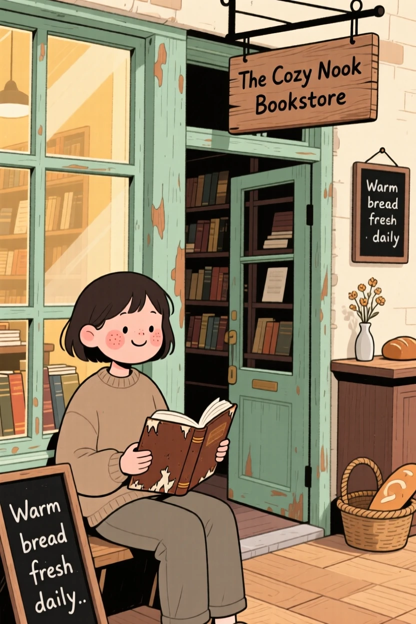A young writer sits by the window of a small old bookstore, reading a worn novel as the smell of baking bread fills the air.