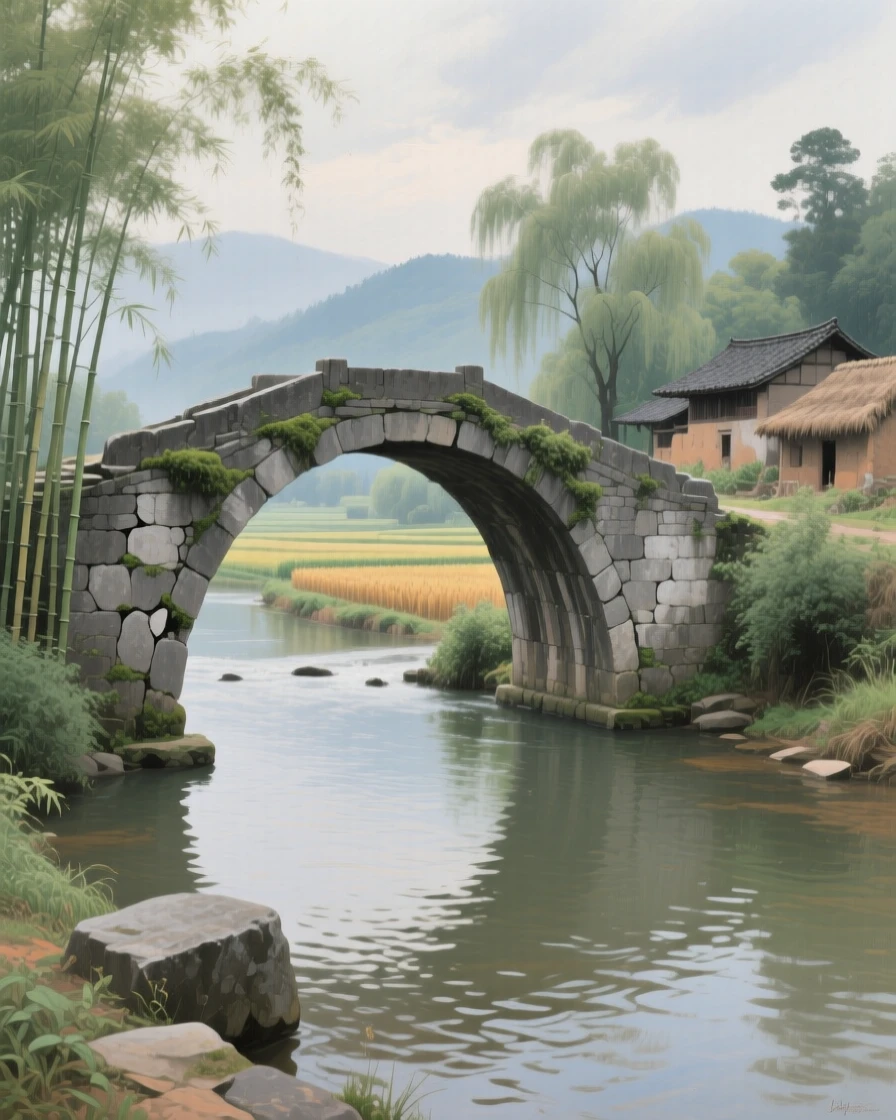 A centered composition of an ancient stone bridge arching over a slow-moving river, in rural China, in the 1940s.