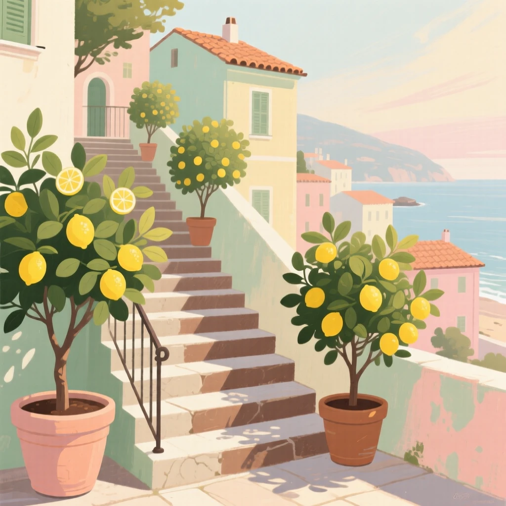 A coastal town staircase lined with potted lemon trees