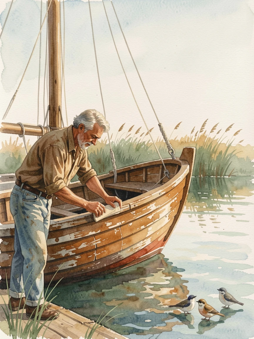 A man restoring an old wooden sailboat as birds chirp softly in the background.