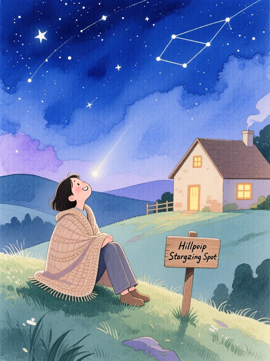 A peaceful scene of someone stargazing from a hilltop in a cozy countryside cottage, fully absorbed in a quiet, joyful moment